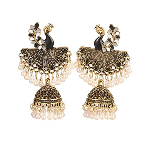 Grandes boucles d'oreilles pendantes indiennes en forme de paon avec perles Jhumka Bell pour femmes et filles - Style bohème vintage - Boucles d'oreilles...
