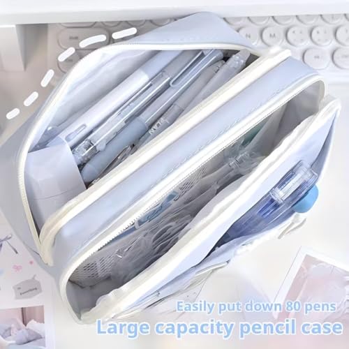 Image of Pencil Pouch for Girls - Aesthetic Multi-Compartment Zipper Pouch with Drawstring Pocket, Cute Kawaii Pencil Case, Stylish Stationery Pouch, Return Gift for Kids & School Use (Nice Day Blue)