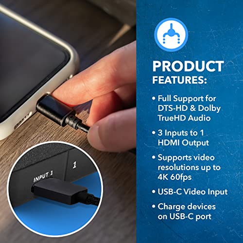 Orei 4K 3 Port 3X1 Hdmi Switch, 2 Hdmi + Usb-C Input Connect Laptop, Pc, Computers, Phones, Gaming, Streaming Devices On One Display Tv Monitor - Ultrahd Hdcp 2.0 #TOP3