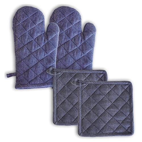Image of 2 Oven Mitts and 2 Pot Holders Set-Cotton Heat Resistant Pot Stand and Kitchen Gloves-Heat Proof-Free Size-Combo Set (Blue)