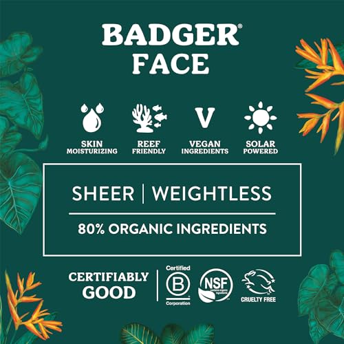 Badger Zinc Oxide Face Sunscreen SPF 30, Lightweight Mineral Sunscreen for Face, Matte Finish, No White Cast, Vegan, Water Resistant, Unscented, Mineral Sunblock Face Lotion, 1.7 fl oz