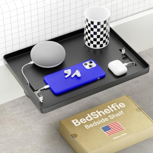 BedShelfie Bedside Shelf for Dorm Room Bunk Bed & Top Bunk College Dorm Room Essentials Bedside Caddy Clip on Floating Desk Tray Bed Side Table Storage Loft Nightstand Decor - Cable Catch Black