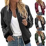 pvucpot Damen Casual Jacke Langarm Bomberjacke Reißverschluss Stehkragen Outwear Kurz Coat Herbst Frühling Casual Jacke Vintage Baseballkragen Jacke Langarm Outwear Kurz Coat Herbst Übergangsjacke
