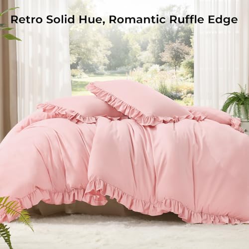 Image of Litanika Pink King Size Comforter Set, 3 Pieces Ruffle Farmhouse Aesthetic Bedding Comforter Set, All Season Soft Lightweight Fluffy Microfiber Bed Set(104x90In Comforter, 2 Pillowcases)