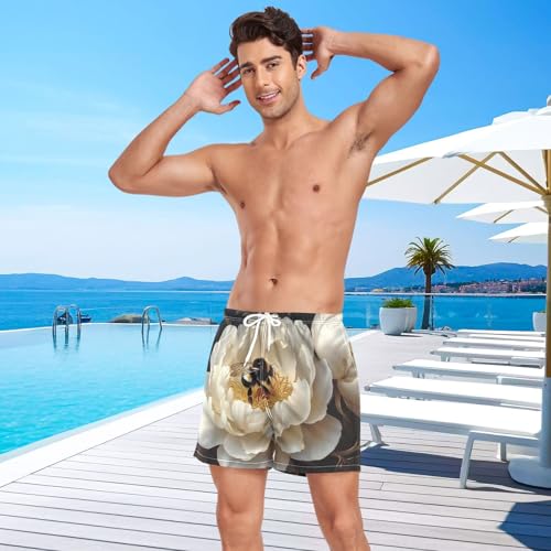 Mens Swim Trunks with Liner, Bee Floral White Cool Quick Dry Beach Swim Shorts, Swimwear Bathing Suits S4