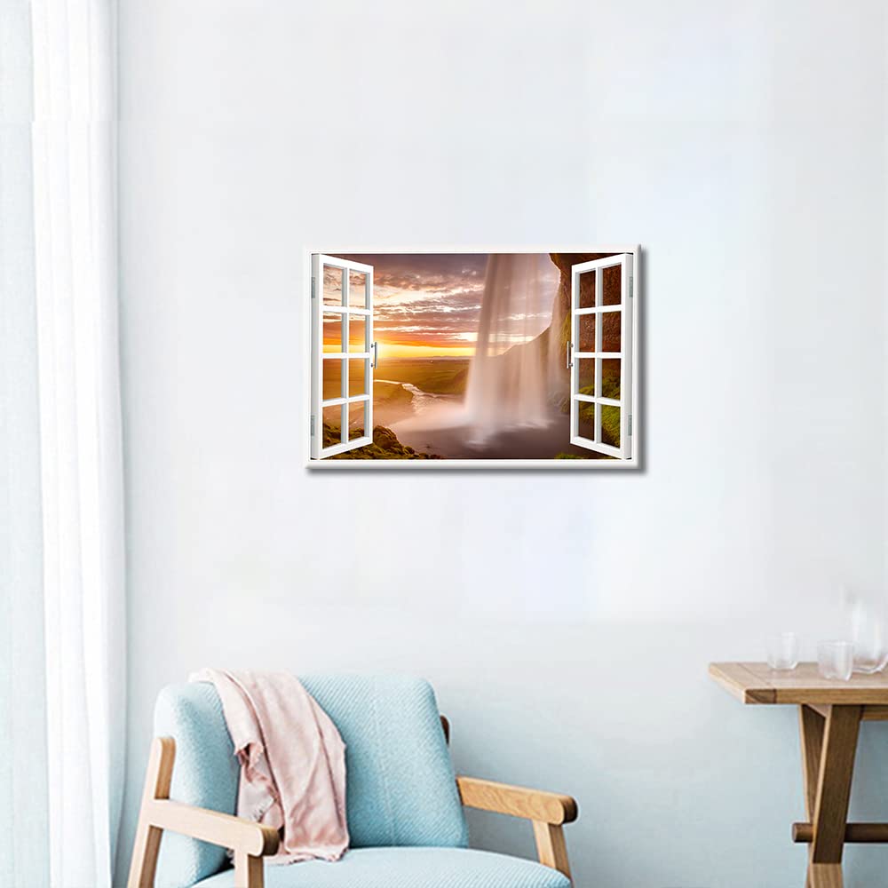 Canvas Wall Art Window View Home Decor Majestic Waterfall Wall Art Canvas Print Painting Outdoor Natural Landscape Picture for Bedroom Modern Artwork Wall Decor Framed Ready to Hang(18"Wx12"H) - Image 3
