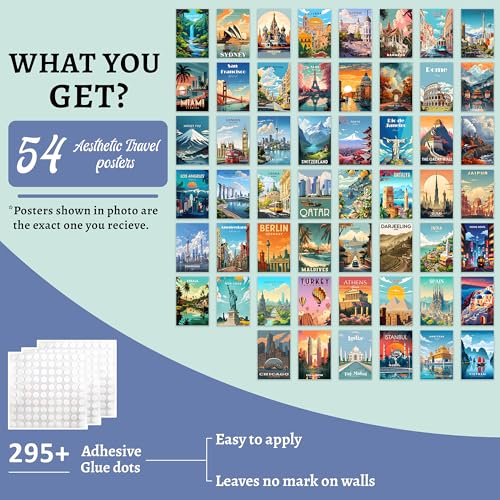 Image of ZENDEN STORE Pack of 54 Travel Wall Collage Kit Posters - 4x6 Inch, 300 GSM Matte Cardstock with 300+ Glue Dots - Adventure & Wanderlust Wall Decor for Bedroom, Dorm, Living Room