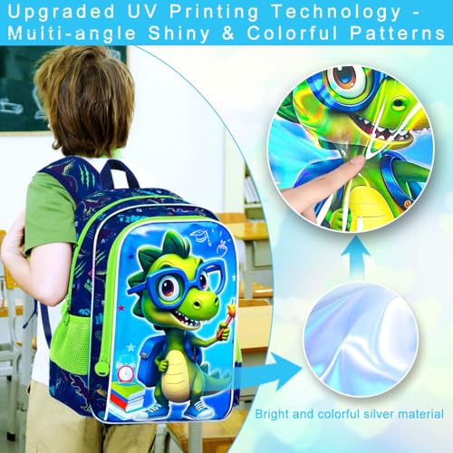 Image of 16 inch Dinosaur Backpack for Boys, 3Pcs Bookbag with Lunch Box, Kids School Backpacks Set for Elementary Preschool Kindergarten (Green)