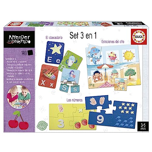 Educa - Set 3 en 1 | Aprender es Divertido. Juego Educativo con Tres temáticas Distintas: abecedario, números y Estaciones del año. Elaborado con Materiales sostenibles. A Partir de 3 años (19814)