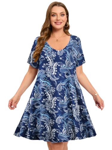 Image of ZENNILO Women's Plus Size Swing Dress with Pockets Casual Summer Dresses V Neck Short Sleeve T Shirt Dress for Women