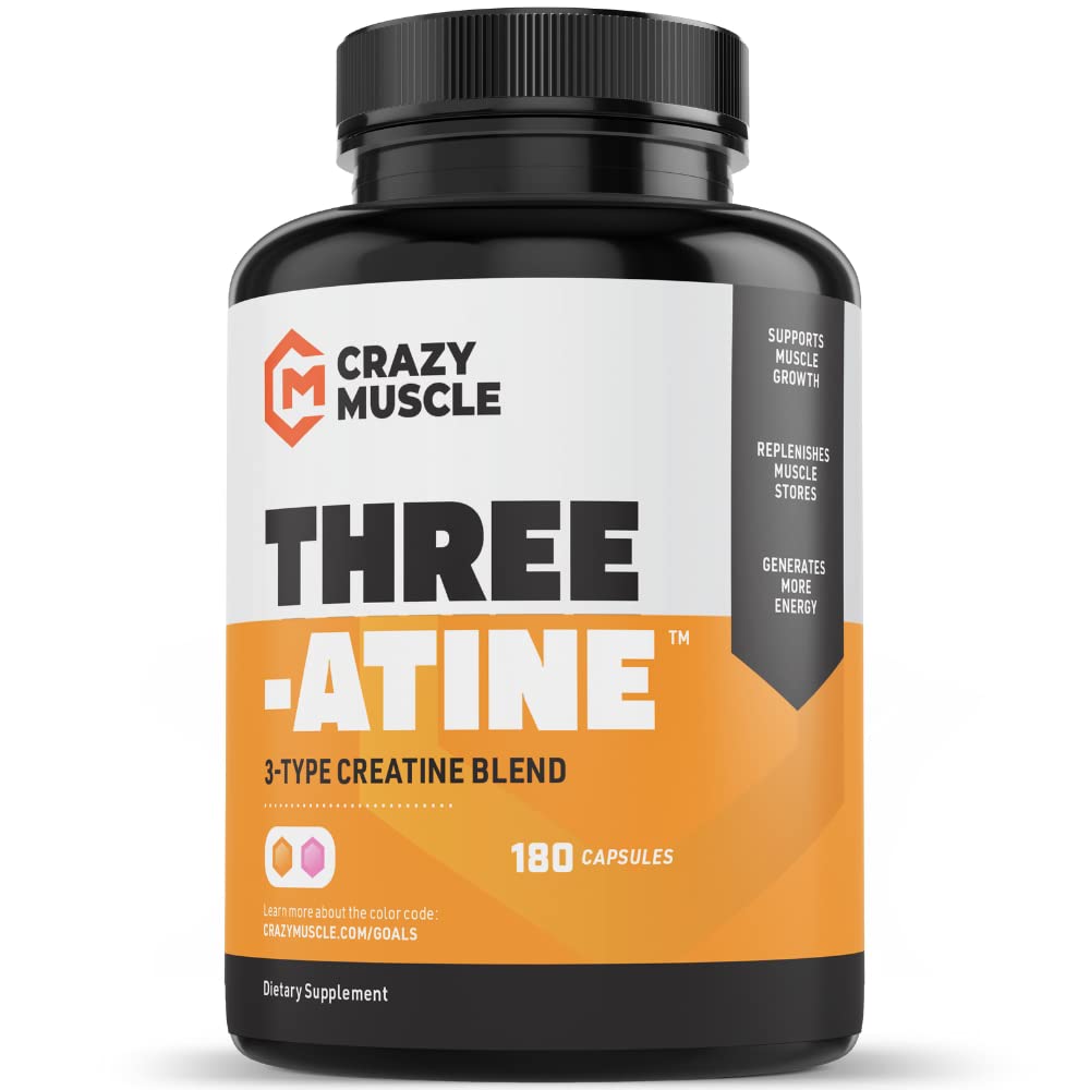 Creatine Monohydrate Capsules by Crazy Muscle - Easy to Swallow - High Absorption - Keto Friendly Three-Atine Blend for Mu...