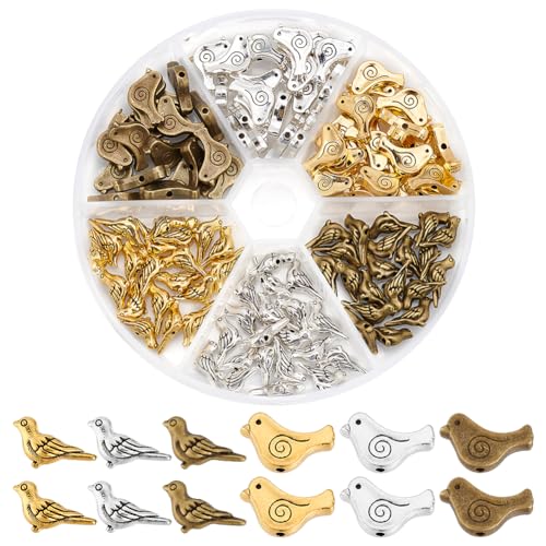 PH PandaHall 120pcs 6 Styles Bird Spacer Beads