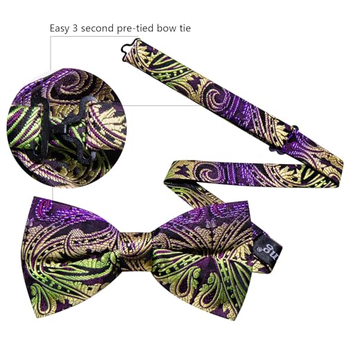 Image of YOHOWA Mens Bow Tie Set Paisley Pre-tied Bowties Adjustable with Handkerchief Cufflinks Gold Ring Set Wedding Prom Party