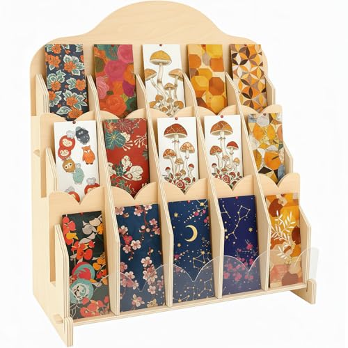 Ebrima Bookmark Display Stand, Wood Bookmark Holder Display for 2”, Adjustable Stand, 15 Compartments, Portable Versatile Holder for Vendor, Craft Fairs, Retail Store Shop, Home decor