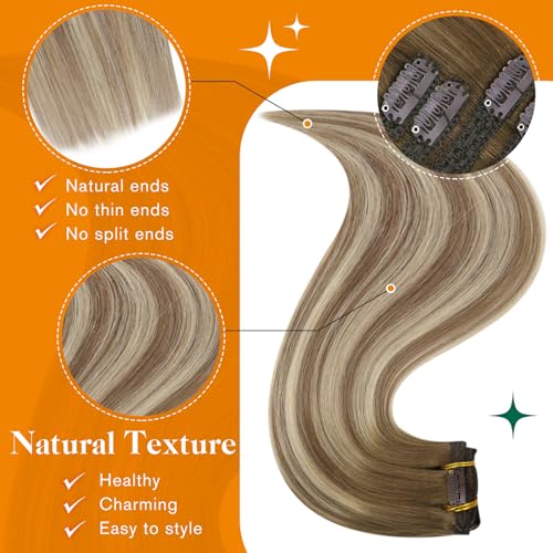 Easyouth Clip in Extensions Real Human Hair Brown Ombre Human Hair Extension Clip ins Brown Balayage Ashbrown Mixed Medium Blonde Clips in Real Hair Extensions Easy to Style 18Inch 5Pcs 70g #3/8/22 - Image 4
