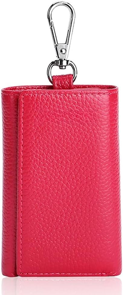 Genuine Leather Key Case Wallet with 6 Hooks & Snap Closure Key Organizer (Rose Red)