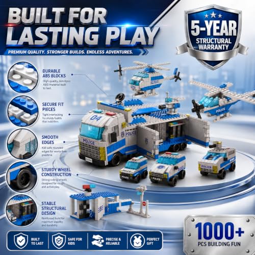 Image of SKY LINE OCEAN City Police Mobile Command Truck Building Block Set, 1000+ PCS Police Vehicles, Helicopter & Airplane Construction Kit, STEM Toy for Kids, 5-Year Structural Warranty