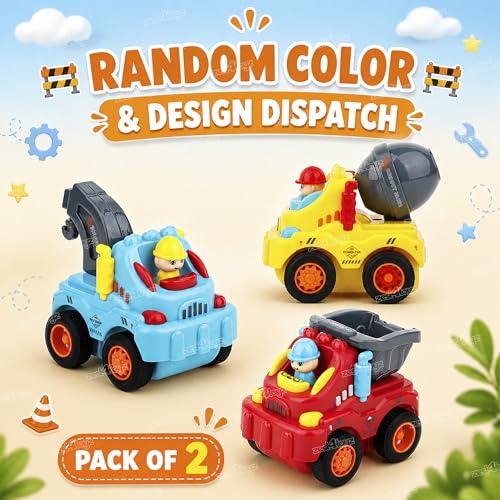 Image of Zest 4 Toyz Unbreakable Automobile Car (Pack of 2) Friction Powered Cars Construction Truck Push and Go Car Tractor Crane Cement Mixer Truck Dumper Toy for Boys & Girls (Random Color)