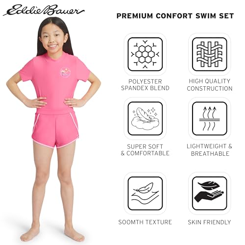 Image of Eddie Bauer Girls' UPF 50+ Rash Guard Sun Tee Shirt and Swim Short Set