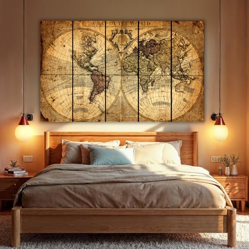Image of NobleDecor Vintage World Map Wall Art, 5 Panel Canvas Print, Antique Globe Design, Rustic Home Decor (36x60)