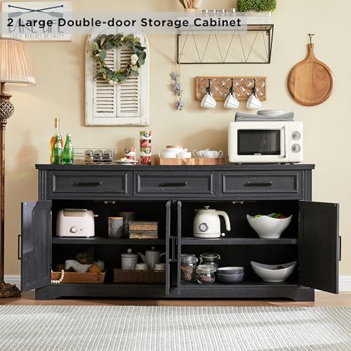 Image of JXQTLINGMU 66 inch Farmhouse Buffet Cabinet with Storage, Sideboard Credenza, Carved Cloud-Inspired Doors, 3 Drawers & Adjustable Shelves, Coffee Bar Cabinet, Black