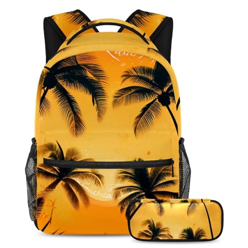 Sac à dos silhouette cocotier multicolore avec trousse scolaire pour garçons et filles