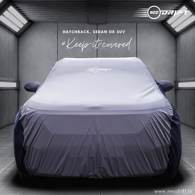 Image of NEODRIFT 'SuperTech' Car Cover for Tata Tiago (Back Long Antenna) (100% Water-Resistant, All Weather Protection, Tailored Fit, Multi-Layered & Breathable Fabric) (Colour: L.Grey+Blue)