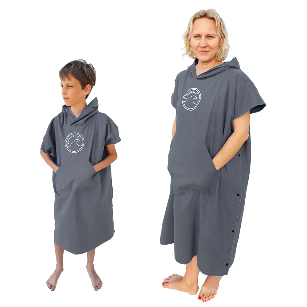 SwimCell Accappatoio in microfibra per donne, uomini e bambini, leggero e ad asciugatura rapida, asciugamano da surf con cappuccio e tasca, si apre in un grande telo mare