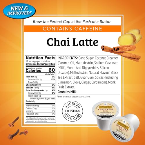 Image of Twinings Chai Latte Black Tea 72 K-Cup Pods for Keurig, 12 Count (Pack of 6), Creamy, Slightly Sweet, Less Sugar, Caffeinated, Enjoy Hot or Iced