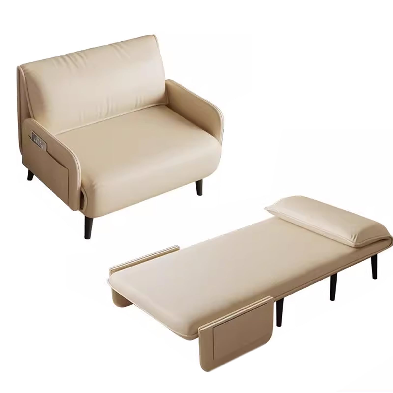 Chaiselongue Sofa mit Schlaffunktion Leder Verstellbare Rückenlehne Klappsofa Weich und Komfortabel Metallfüße Wohnzimmersofa für Wohnzimmer, Schlafzimmer, Gästezimmer(White,190 * 100 * 29cm)