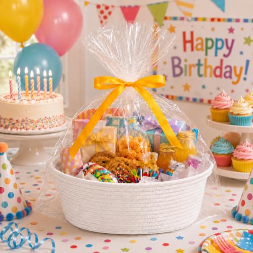 Image of Empty Gift Basket with Gift Bag & Ribbon, Woven Rope Basket, 12x8x5 inch