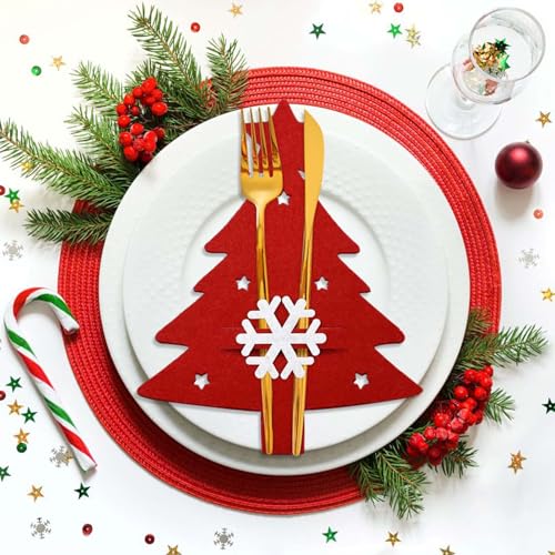 FHUZRE 12 Piezas Porta Cubiertos Fieltro Navidad Rojo, Porta Cubiertos Navideños Adornos Decoracion Mesa, Cubre Cubierto Navideña Bolsas Árbol de Navidad Blanco Copo de Nieve Estrella Decoración