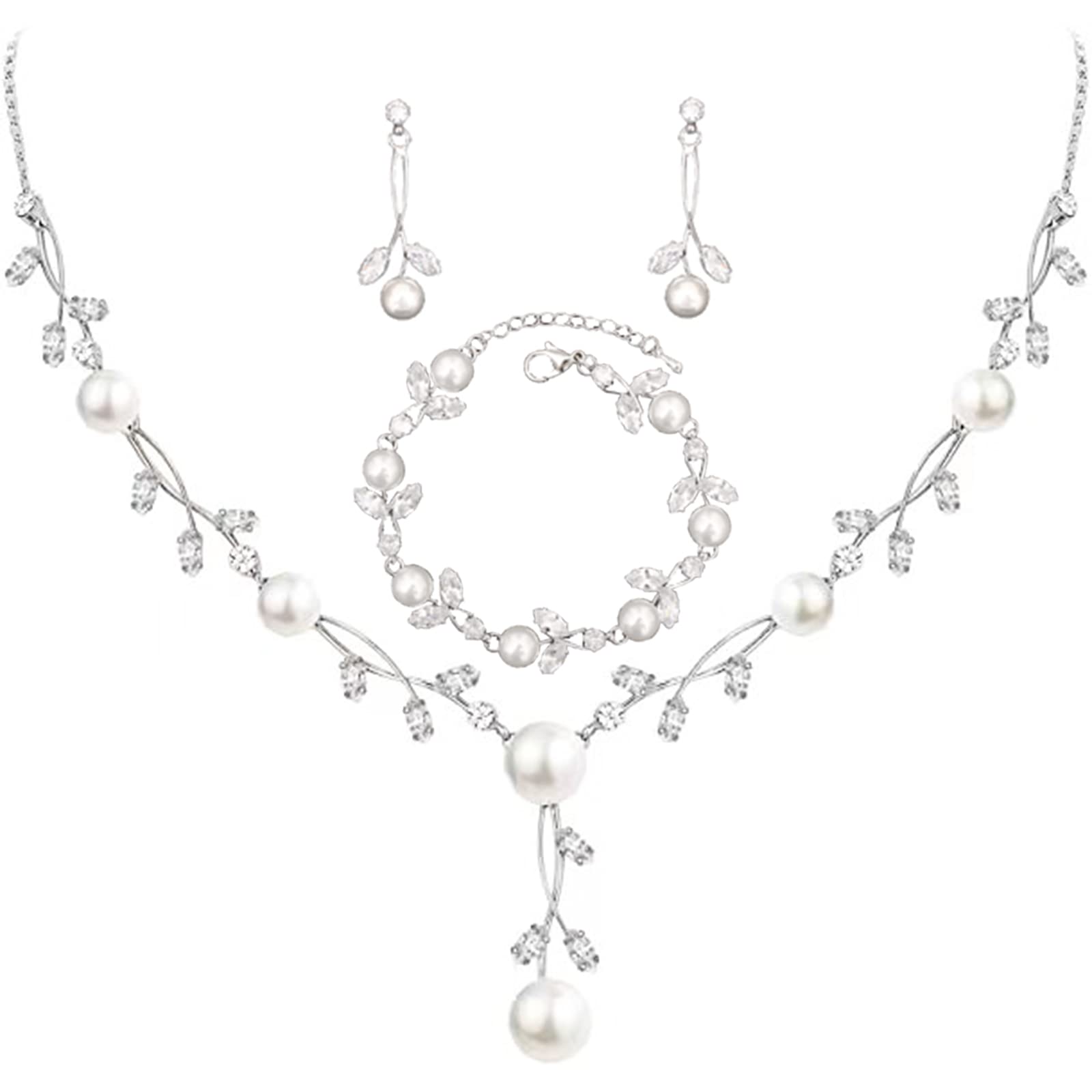 EnrwinLuxury Cubic Zirconia Aurtrian Crystal Pearl Floral Necklace Dangle Earrings Wedding Bridal Jewelry Set Birthday Gifts for Her