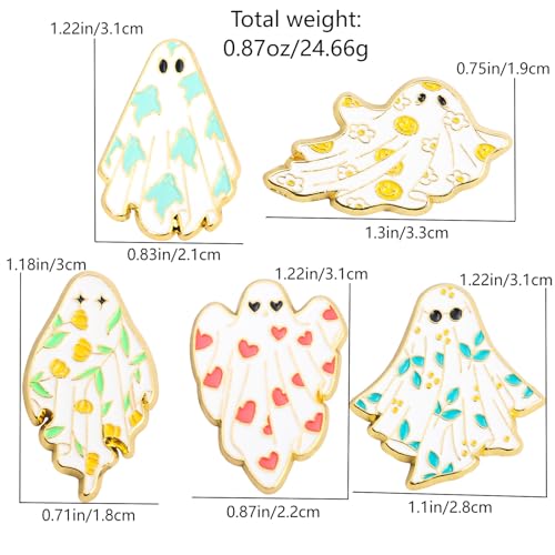 Image of 5Pcs Halloween Ghost Enamel Brooch - Pumpkin Reaper /Death's Scythe Devil Boo Lapel Pin - Cute Flower Smile Heart leaves Pattern Badges Gifts for Women Men