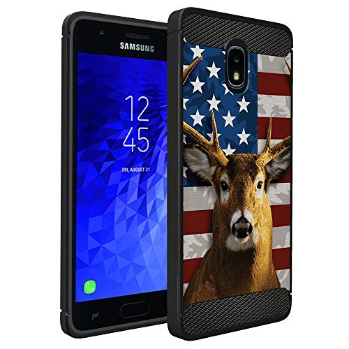 CasesonDeck Flag Case Compatible with [J3 (2018), J3 Achieve, J3 Star, Express Prime 3, Amp Prime 3] Hunters Series Slim No Bulk Carbon Fiber Texture Black Flexible TPU (Deer Flag)