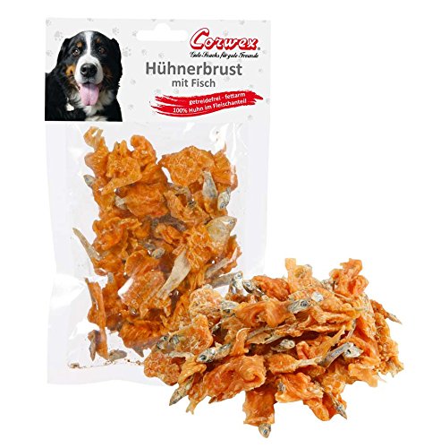 Corwex Hühnerbrust mit Fisch (70g), Premium Hundesnack Fisch & Hühnerfilet umwickelt, getreidefrei & fettarm, 100% Huhn im Fleischanteil