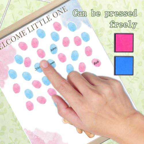 Image of QZCYU Bear Theme Baby Gender Reveal Decorations, Baby Shower Guest Book Party Ideas, Gender Reveal Fingerprint Tree, Canvas Thumbprint Hanging Paintings