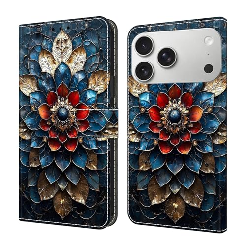 Étui iPhone 15 cuir rabat magnétique portefeuille motif gemme colorée