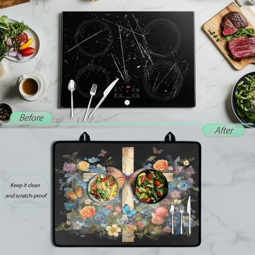 Image of Poceacles Stove Top Cover for Electric Stove, Heat Resistant Oil Resistant Stovetop Protector Cover Cooktop Cover Mat Kitchen Decor, 29 x 21 Inch, Cross Butterfly Flower