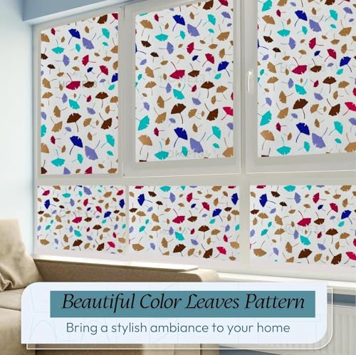 Image of HOME13 Window Privacy Film Frosted Glass Film Decorative Window Sticker Removable Window Film Home Office Privacy Film Window Coverings (Colord Leafs, 2 Feet by 8 Feet)