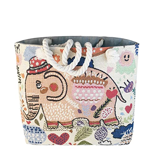 Lin‘s Liliana Canvas Tasche mit gesticktem Muster, Handtasche Damen verschidene Motive, Casual Multifunktionale Henkeltasche Groß für Arbeit Freizeit Urlaub lässig täglich 44 * 40 * 8 (Elefant) Cover