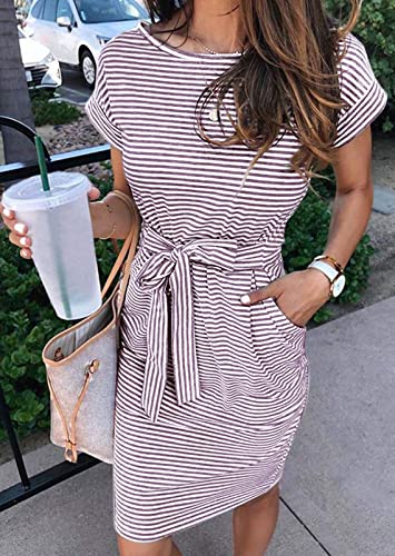 MEROKEETY Women's 2026 Summer Casual T Shirt Dress Short Sleeve Striped Tie Waist Work Vacation Trendy Short Dresses, Purple, M - Thumbnail 2