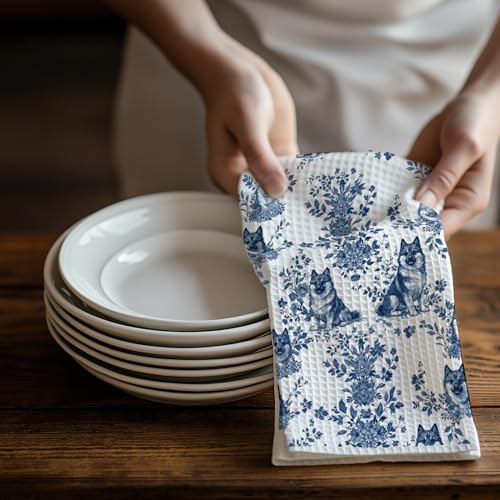 Image of Chinoiserie Norwegian Elkhound Kitchen & Hand Towels Set of 2, Blue and White Floral Dog Dish & Tea Towels for Kitchen Bathroom Decor, Vintage Toile Dog Lover Gifts for Women 16x24 Inch