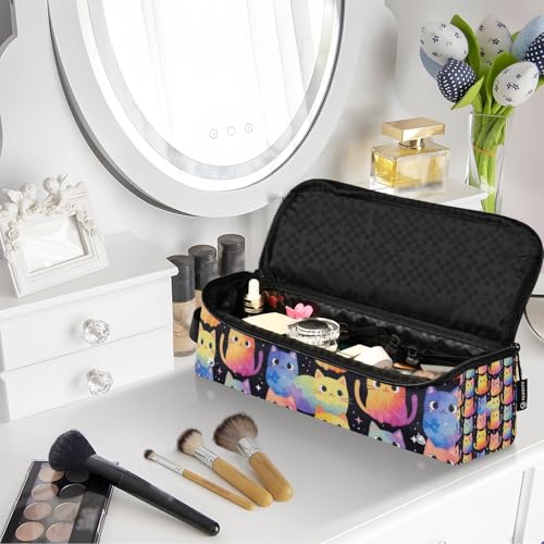 Bolsa de viaje para herramientas de cabello con almohadilla resistente al calor y organizador para plancha, herramientas calientes y accesorios para el cuidado del cabello con patrón de gatos en acuarela arcoíris para mujeres miniatura 7
