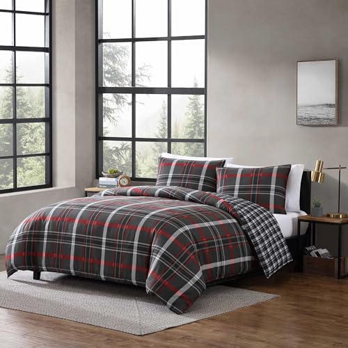 Image of Eddie Bauer - Queen Duvet Cover, Reversible Bedding Set with Matching Shams, Bedding Set (Willow Plaid Grey, Queen)