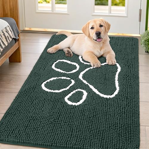 Image of Smiry Dog Door Mat for Muddy Paws, Absorbent Dirt Trapper Non Slip Quick Dry Washable Chenille Mat for Mud Dogs, Entry Rug for Indoor and Outdoor (47x32 Inches, Green and White)
