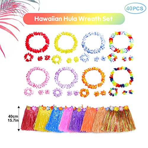 40 Stks Hawaiian Fancy Dress Set met 8 Stks Hawaiian Leis, 8 Stks 40 cm Hula Gras Rok, 8 Stks Hoofdbanden en 16 Stks Polsbandjes Hawaiian Kostuum Rok voor Meisjes Vrouwen Hawaii Luau Zomer Strand Party Decoraties - Image 3