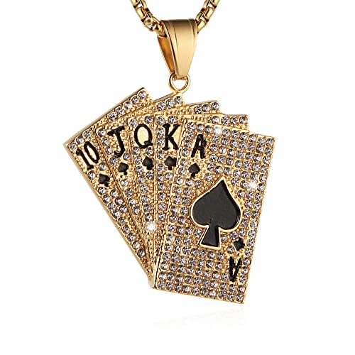 AsAlways 18K Gold Plated Playing Card Necklace for Men Stainless Steel Ace of Spade Royal Flush Necklaces Casino Bar Jewelry Gift