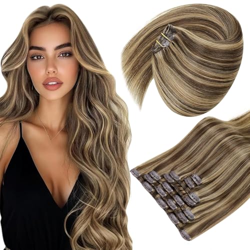 Image of Sunny Hair Clip in Hair Extensions Real Human Hair Brown Highlight 16 Inch | Human Hair Clip in Extensions, Natural Volume and Balanced Shape with Soft Movement for Photo Day with a Polished Look 120g