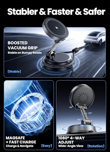 Image of 15W Magsafe Wireless Fast Charger Car Phone Mount Holder with Vacuum | ULiiZOMIR Adjustable Magnetic Mount, Strong Grip Dashboard & Windshield Holder for iPhone 12-17 and Android Devices